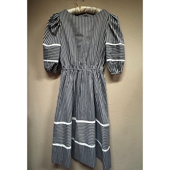 Women's Vintage Midi A-Line Dress Puff Sleeve Elastic Waist Striped Gray Size 12 - Picture 1 of 10